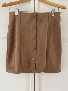 Button-Front Tan Suedette Mini Skirt